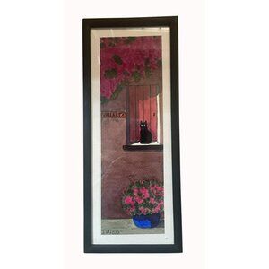 Z. Marisa Mexican Watercolor "Cat In Vallarta" Framed Art 16"x7" Under Glass